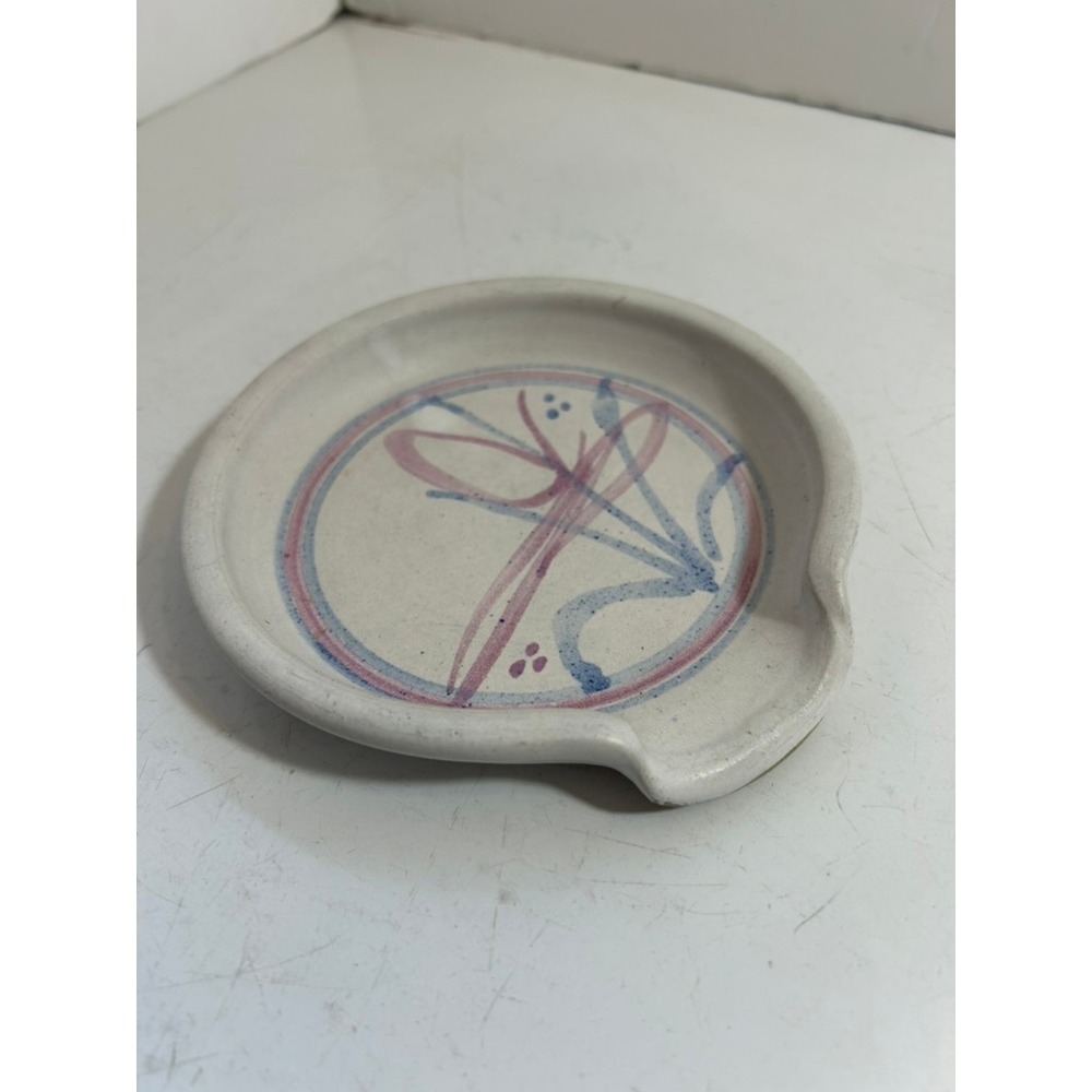 Handmade Studio Pottery Spoon Rest Abstract Floral Stoneware Blue Pink Artisan